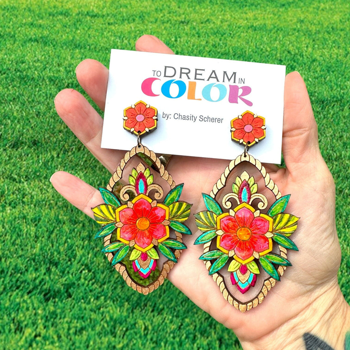 Handmade Colorful Flower Earrings: Lightweight Wood Medallion