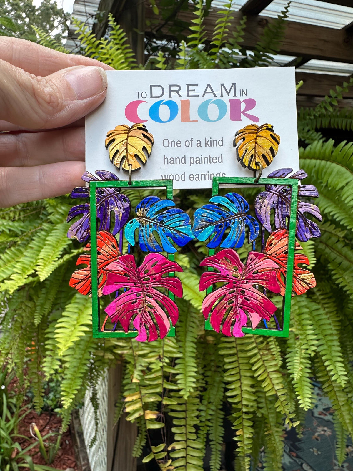 Rainbow Monstera Earrings: Hand-Painted Wood Tropical Statement Jewelry