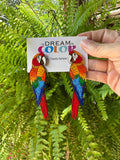 Hand-Painted Wood Parrot Earrings: Tropical Macaw Statement Jewelry