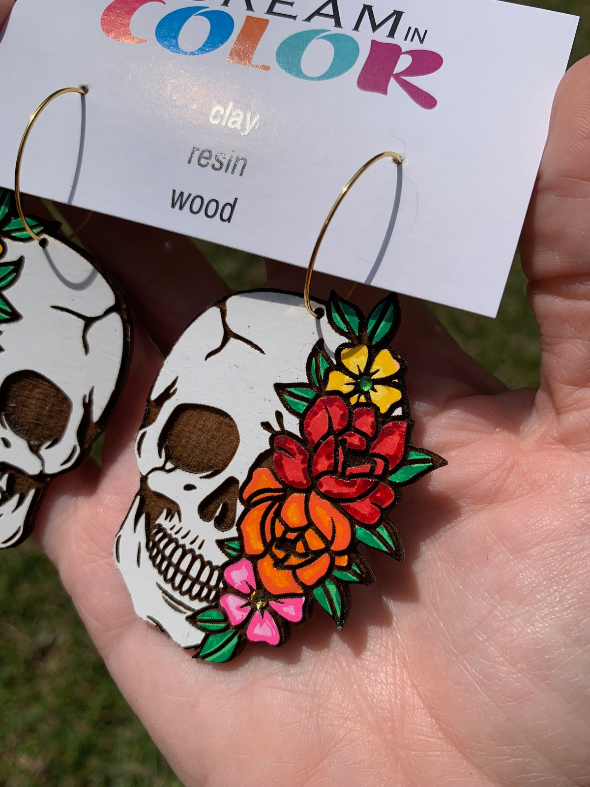 Floral Skull Earrings: Hand-Painted Wood Statement Jewelry