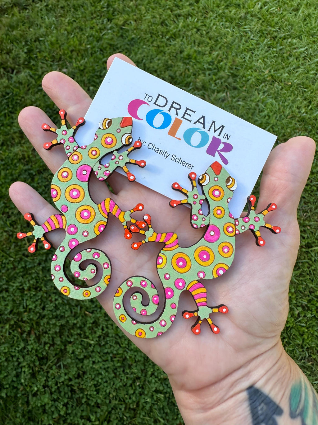 Hand-Painted Gecko Statement Earrings