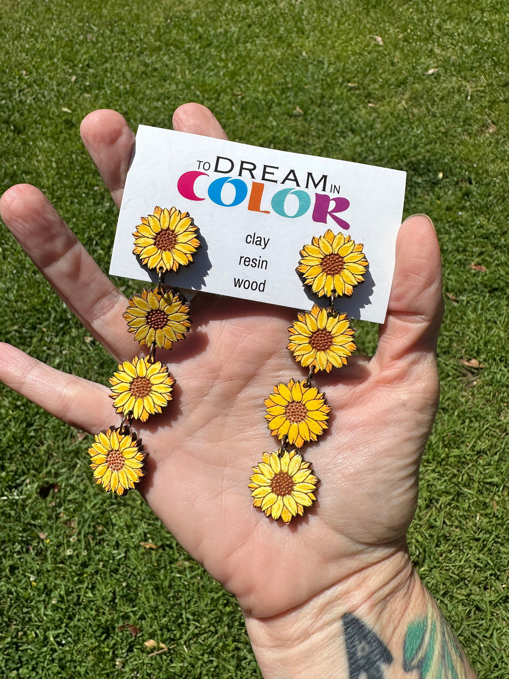 Sunflower Statement Earrings – Long Lightweight Hand Painted Wood Earrings – Clip-On Option – Summer Floral Jewelry