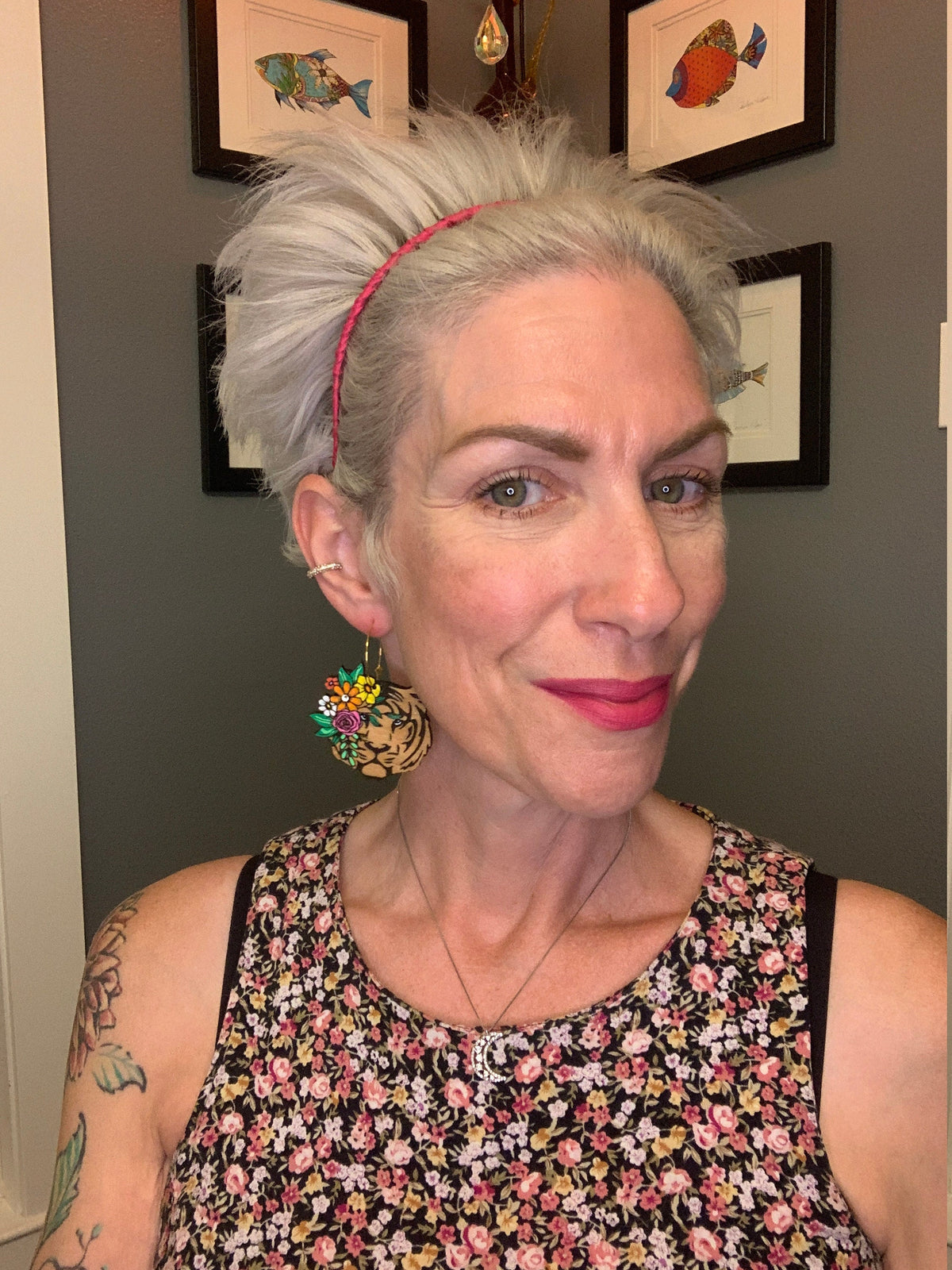 Handmade Tiger Earrings: Floral Wood Dangle Earrings