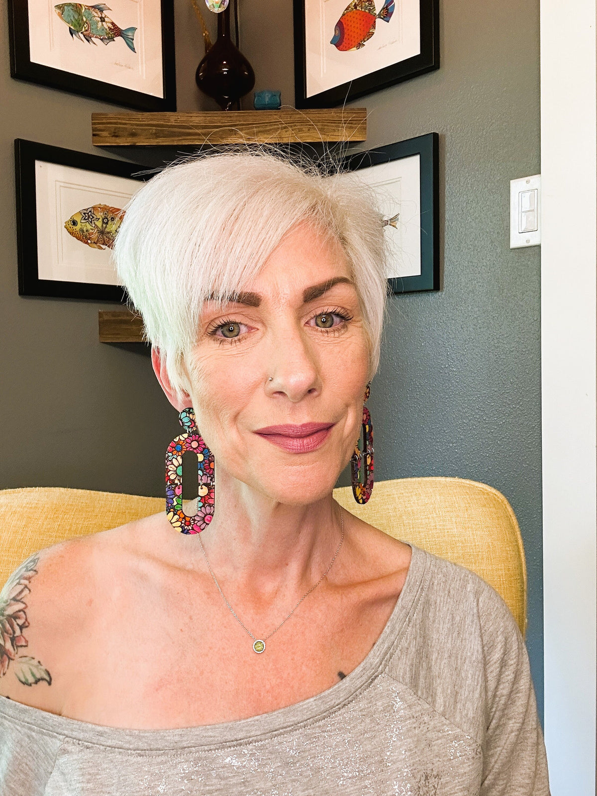 Hand-Painted Flower Hoop Earrings: Bold Maple Wood Jewelry