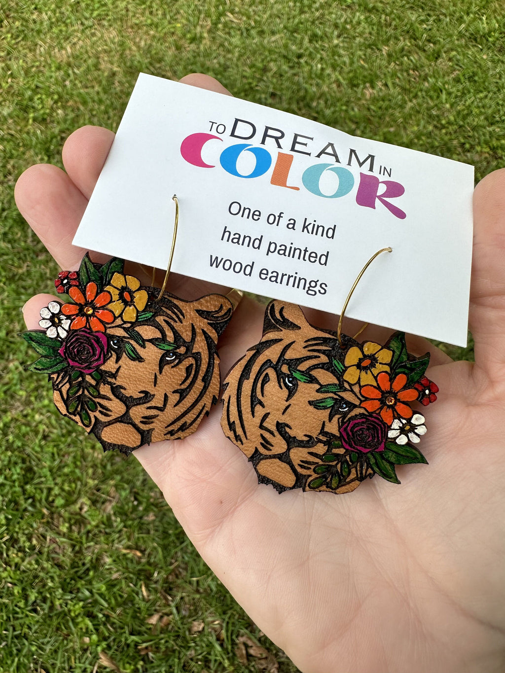Handmade Tiger Earrings: Floral Wood Dangle Earrings