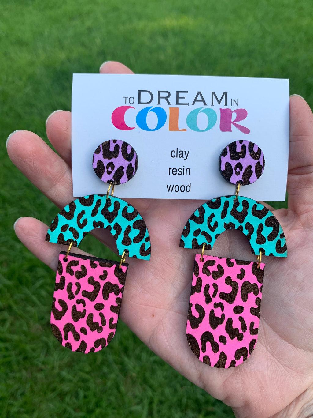 Leopard Wood Dangle Earrings: 80s Inspired Statement Jewelry