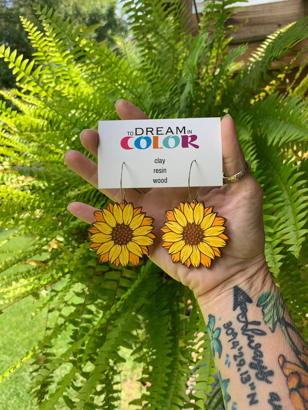 Sunflower Earrings – Hand Painted Wood Statement Jewelry – Big Bold Lightweight Colorful Earrings