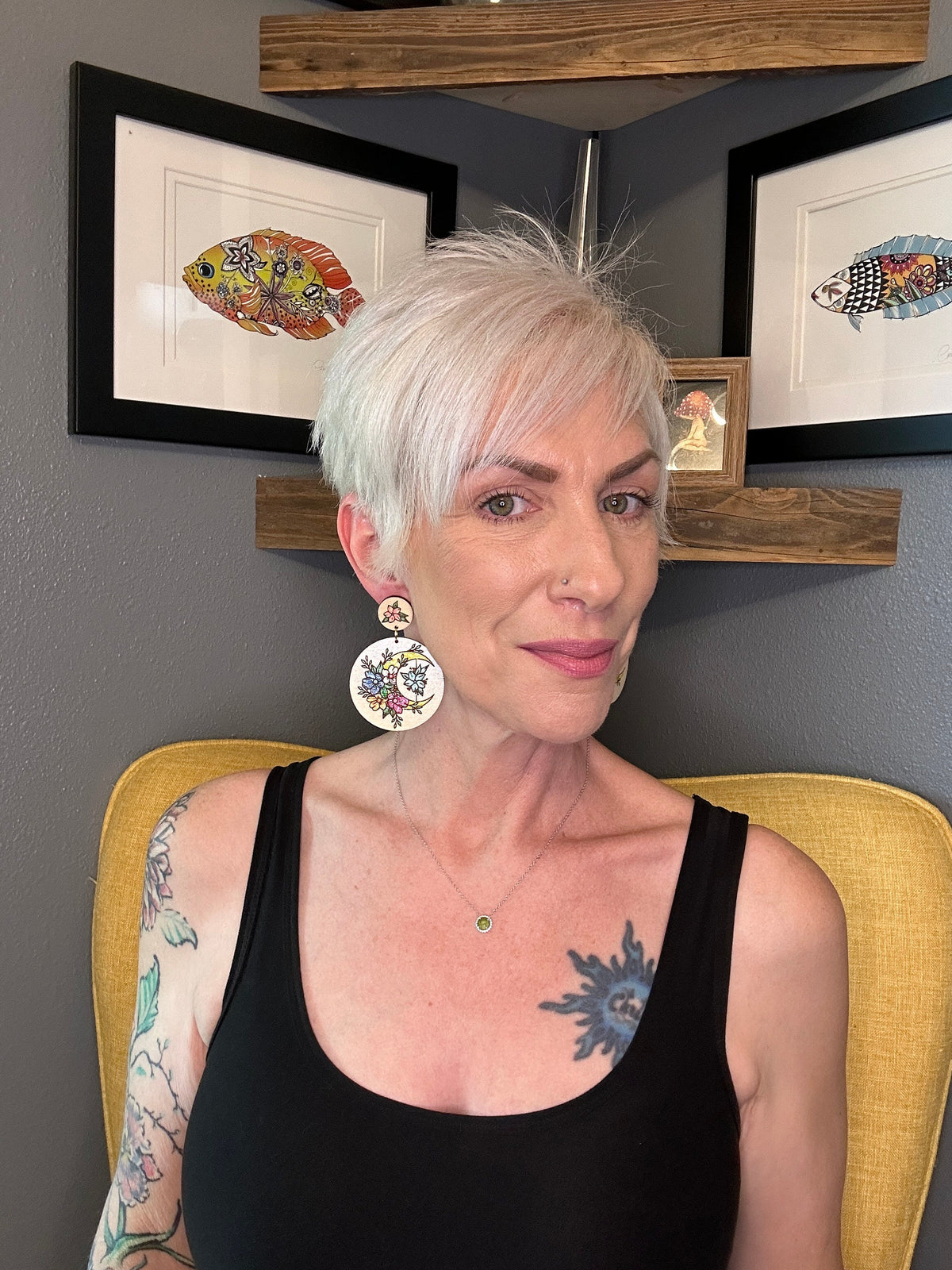 Hand-Painted Crescent Moon Earrings: Floral Wooden Boho Jewelry