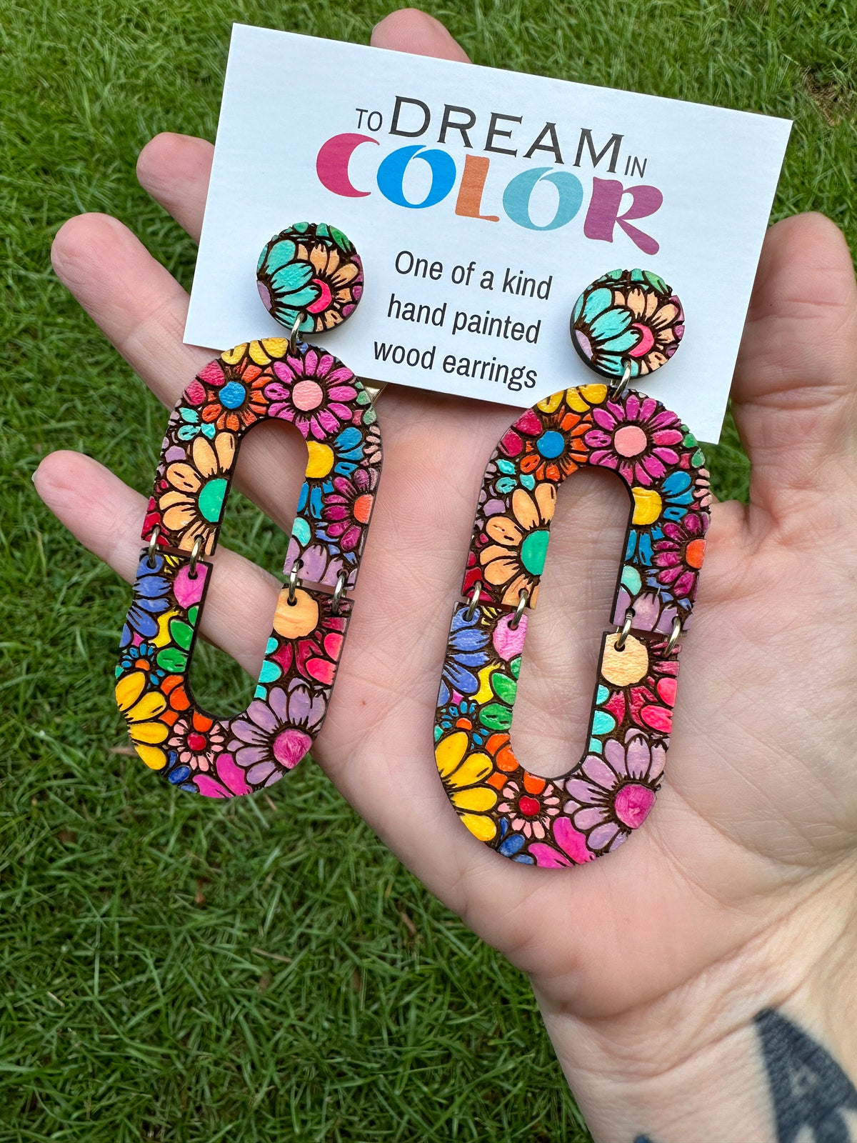 Hand-Painted Flower Hoop Earrings: Bold Maple Wood Jewelry