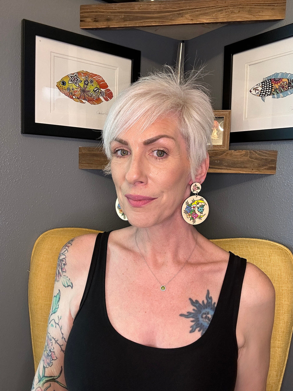 Hand-Painted Crescent Moon Earrings: Floral Wooden Boho Jewelry