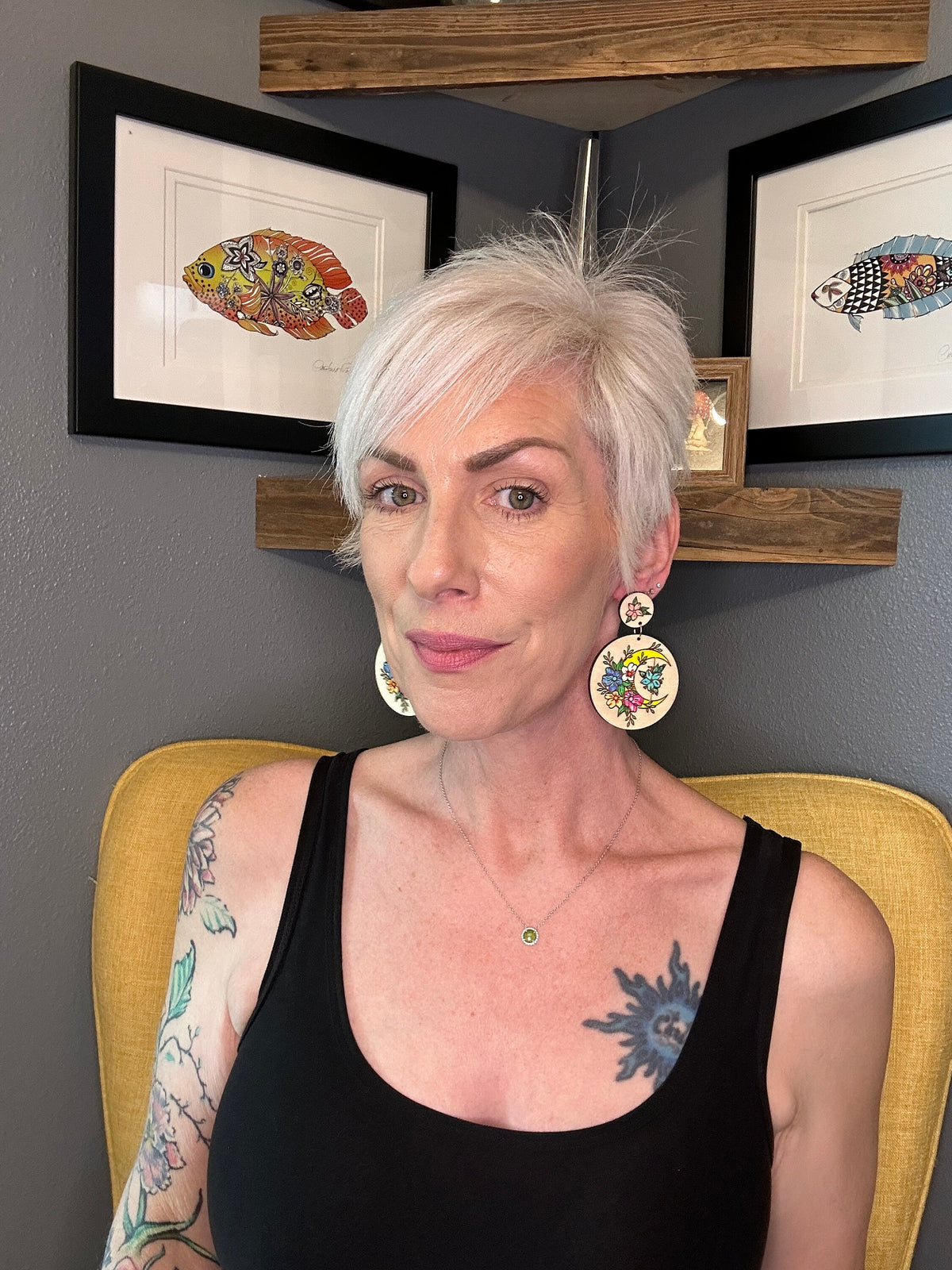Hand-Painted Crescent Moon Earrings: Floral Wooden Boho Jewelry
