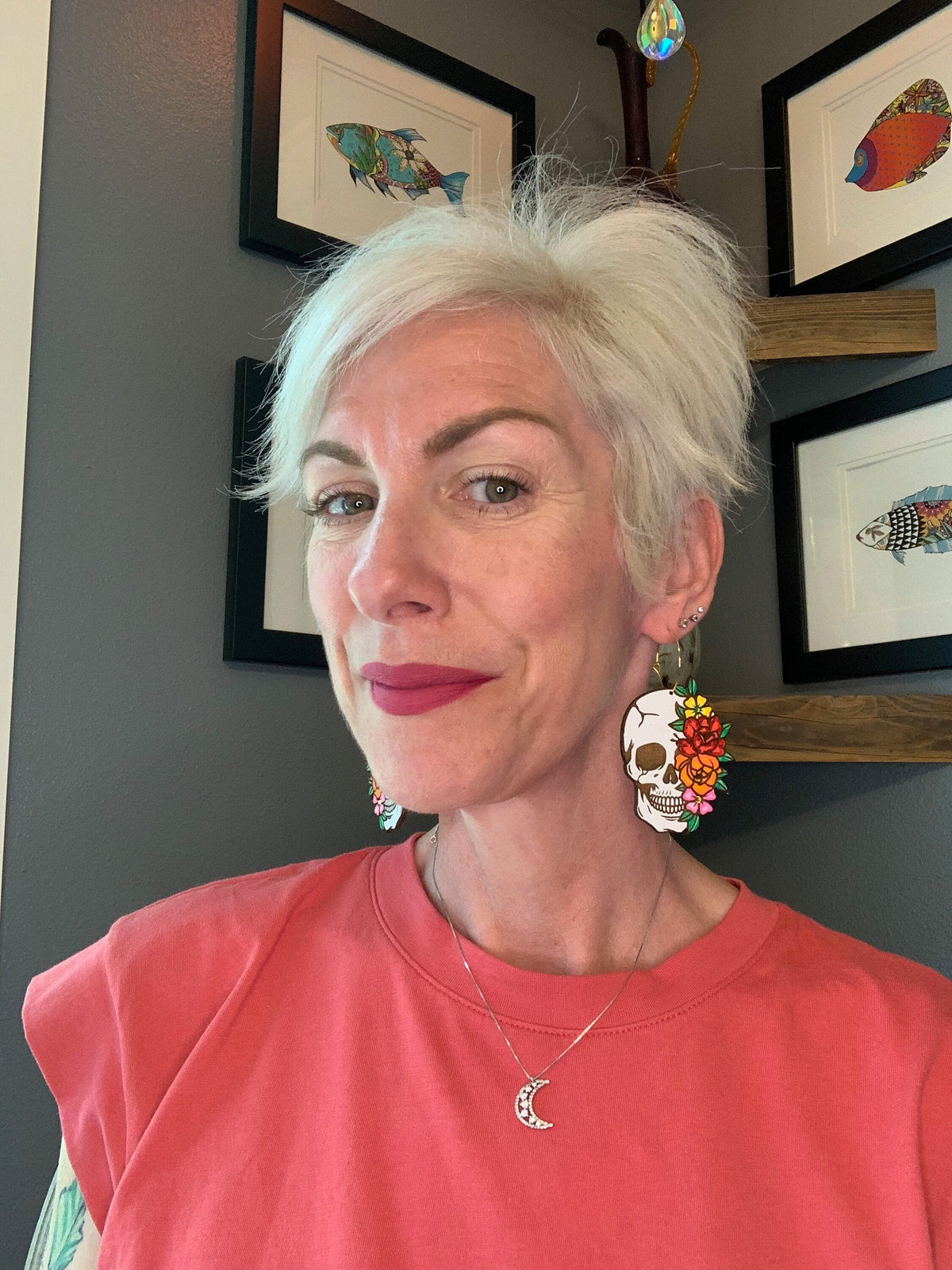 Floral Skull Earrings: Hand-Painted Wood Statement Jewelry