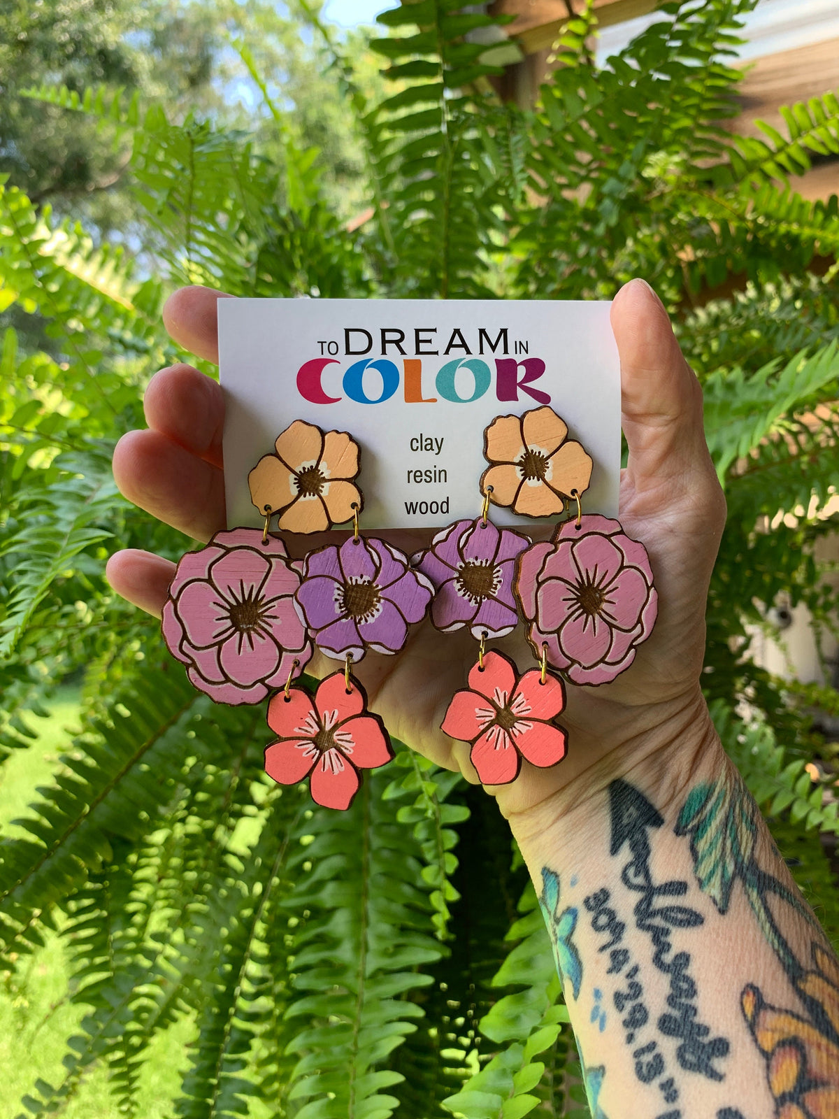 Hand-Painted Wood Flower Earrings: Bold Statement Dangle Earrings