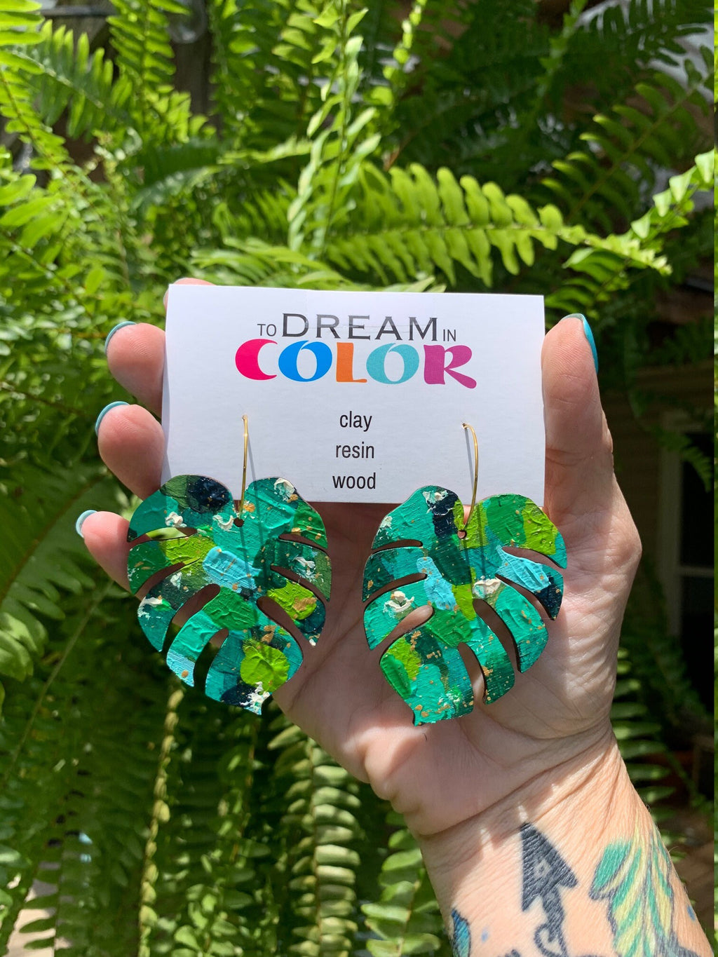 Hand-Painted Monstera Leaf Earrings: Tropical Wood Statement Jewelry