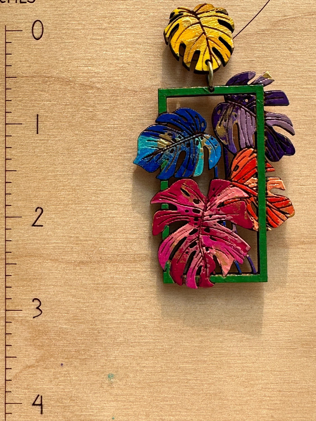 Rainbow Monstera Earrings: Hand-Painted Wood Tropical Statement Jewelry