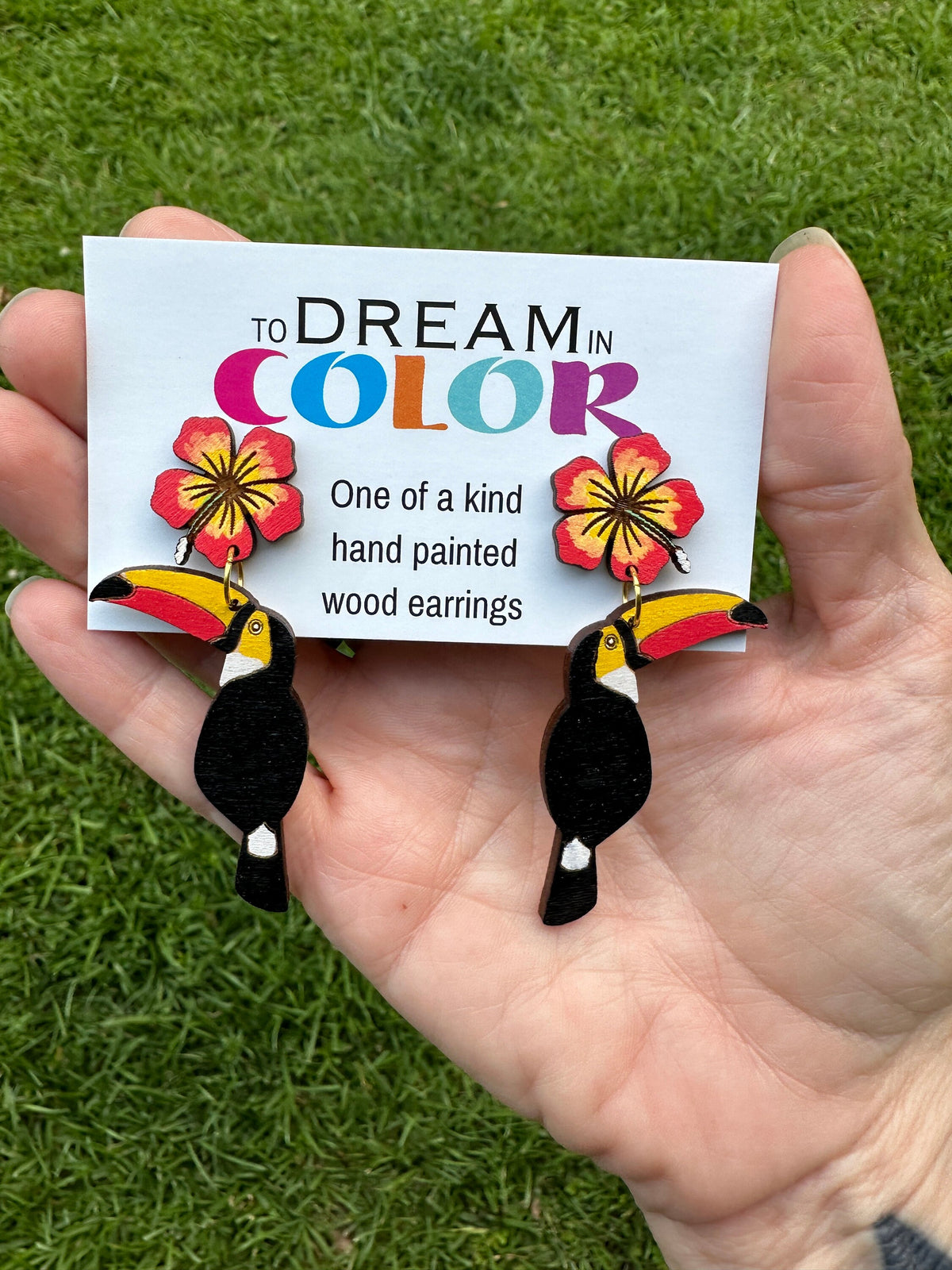 Hand Painted Toucan Hibiscus Wood Statement Earrings – Tropical Lightweight Jewelry