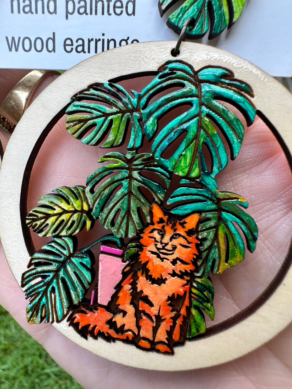 Hand-Painted Orange Cat Earrings: Tropical Monstera Wood Dangles