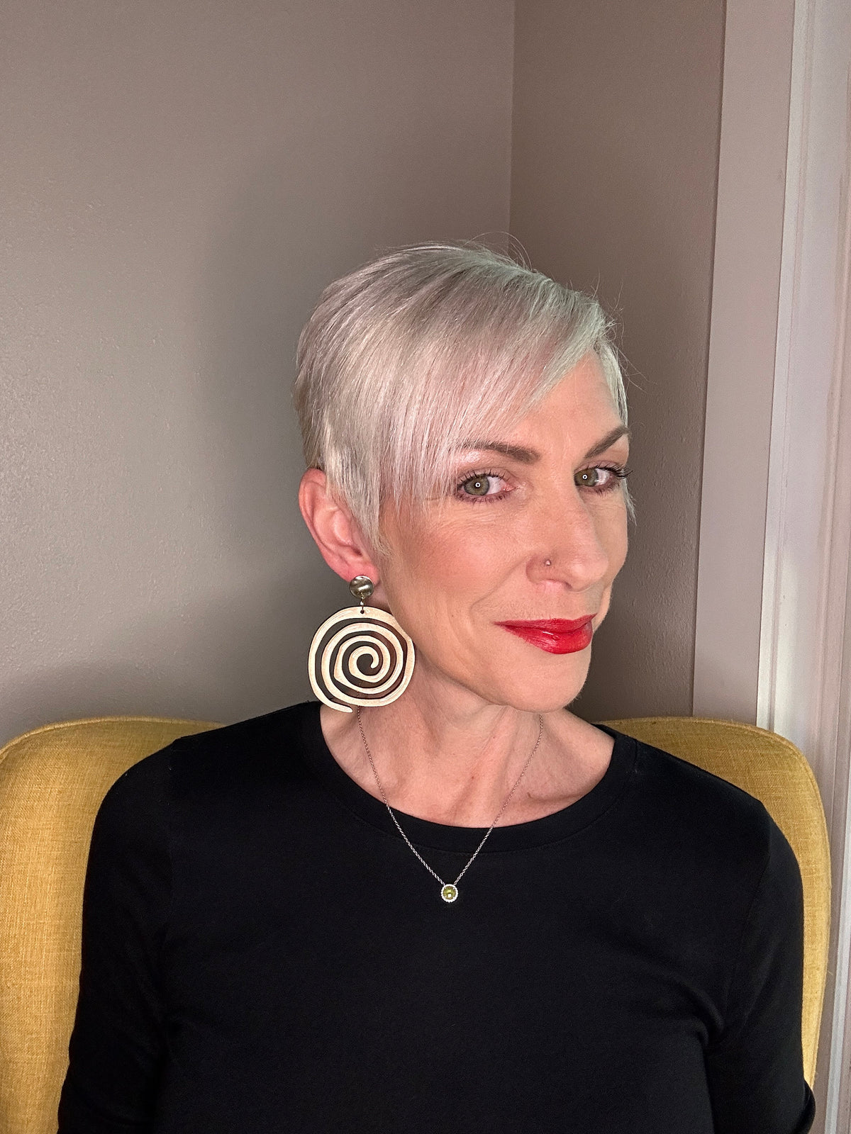 Hand-Painted Wood Spiral Earrings: Lightweight Resin-Shine Statement Jewelry