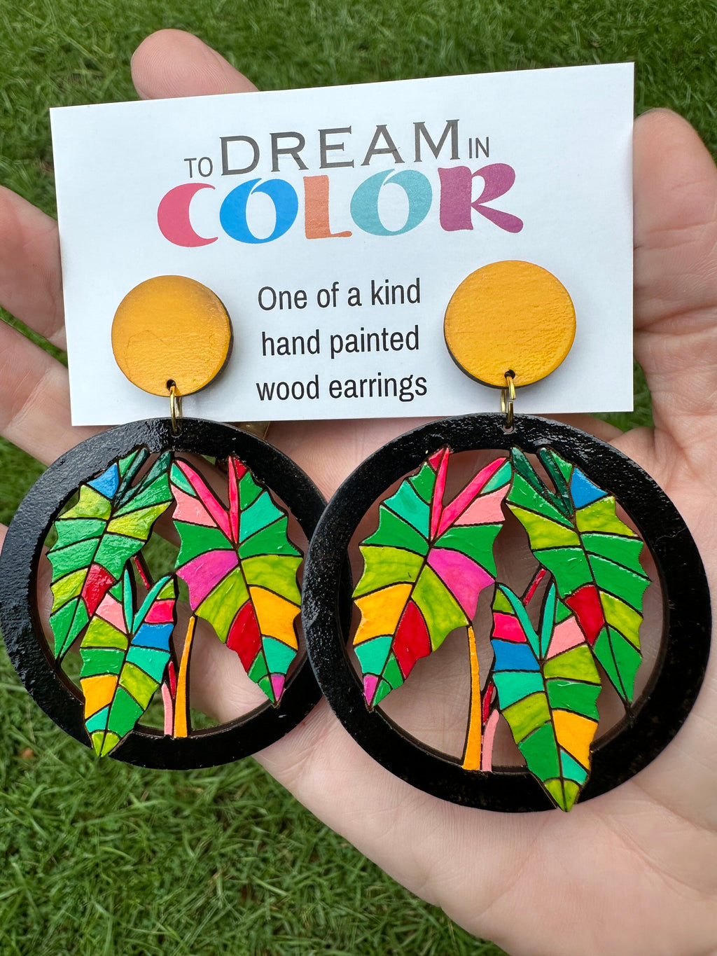 Tropical Leaf Statement Earrings: Hand-Painted Wood, Colorful Jewelry