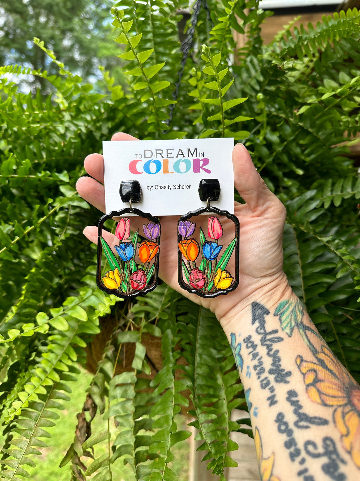 Hand-Painted Tulip Garden Earrings: Lightweight Wood Resin Floral Jewelry