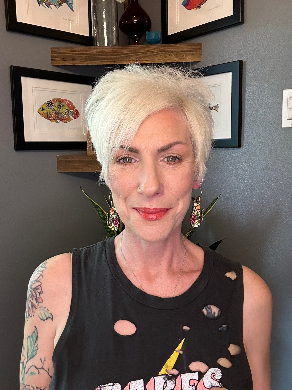 Floral Cat Earrings: Hand-Painted Wood Statement Jewelry
