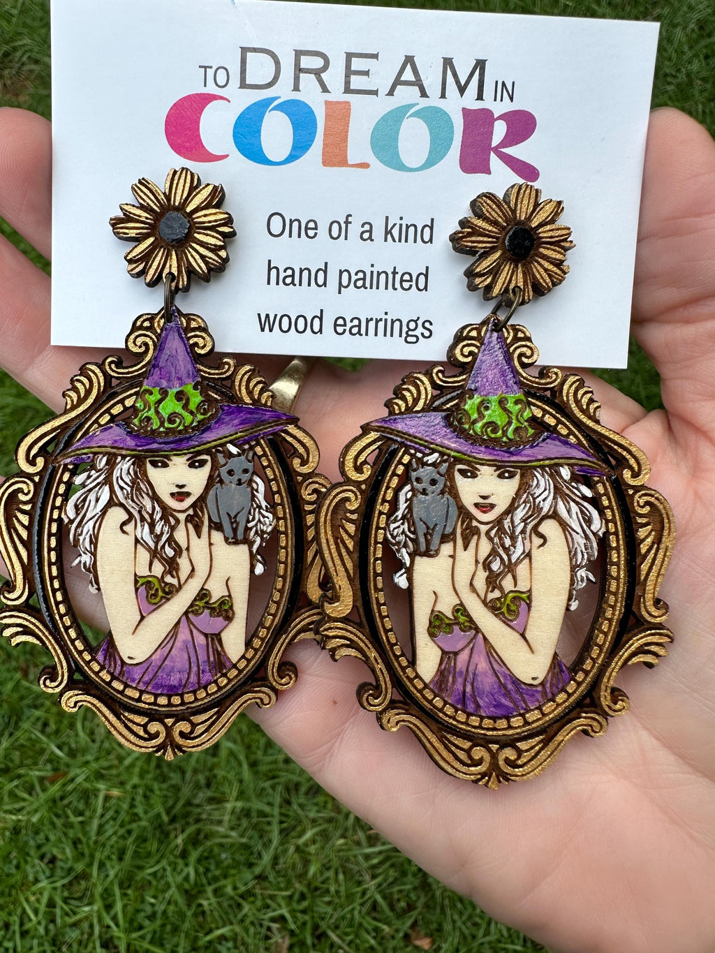 Hand-Painted Witch Earrings – Gothic Wood Statement Jewelry with Cat Familiar