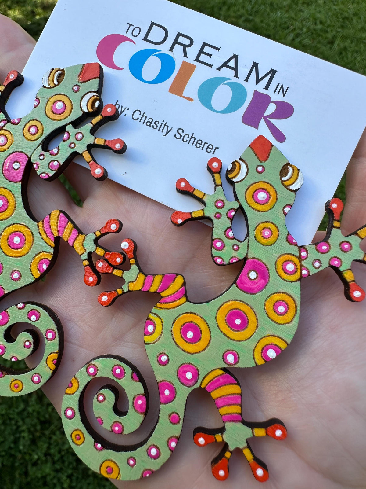 Hand-Painted Gecko Statement Earrings