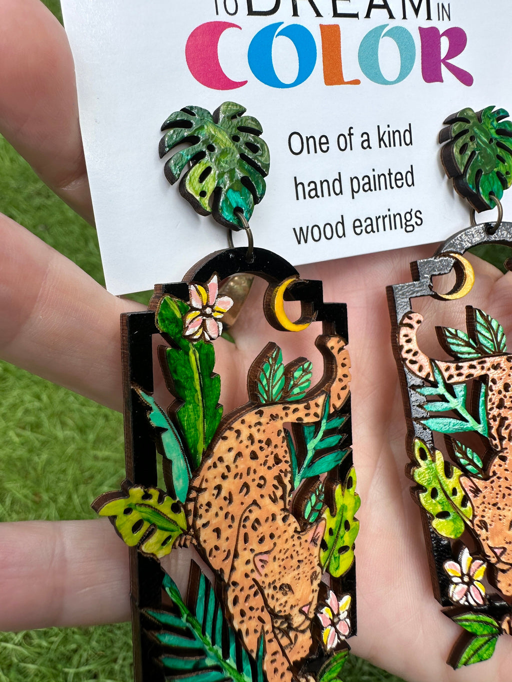 Leopard Jungle Earrings – Hand Painted Wood Statement Jewelry – Lightweight Colorful Earrings - Nature Lover Gift