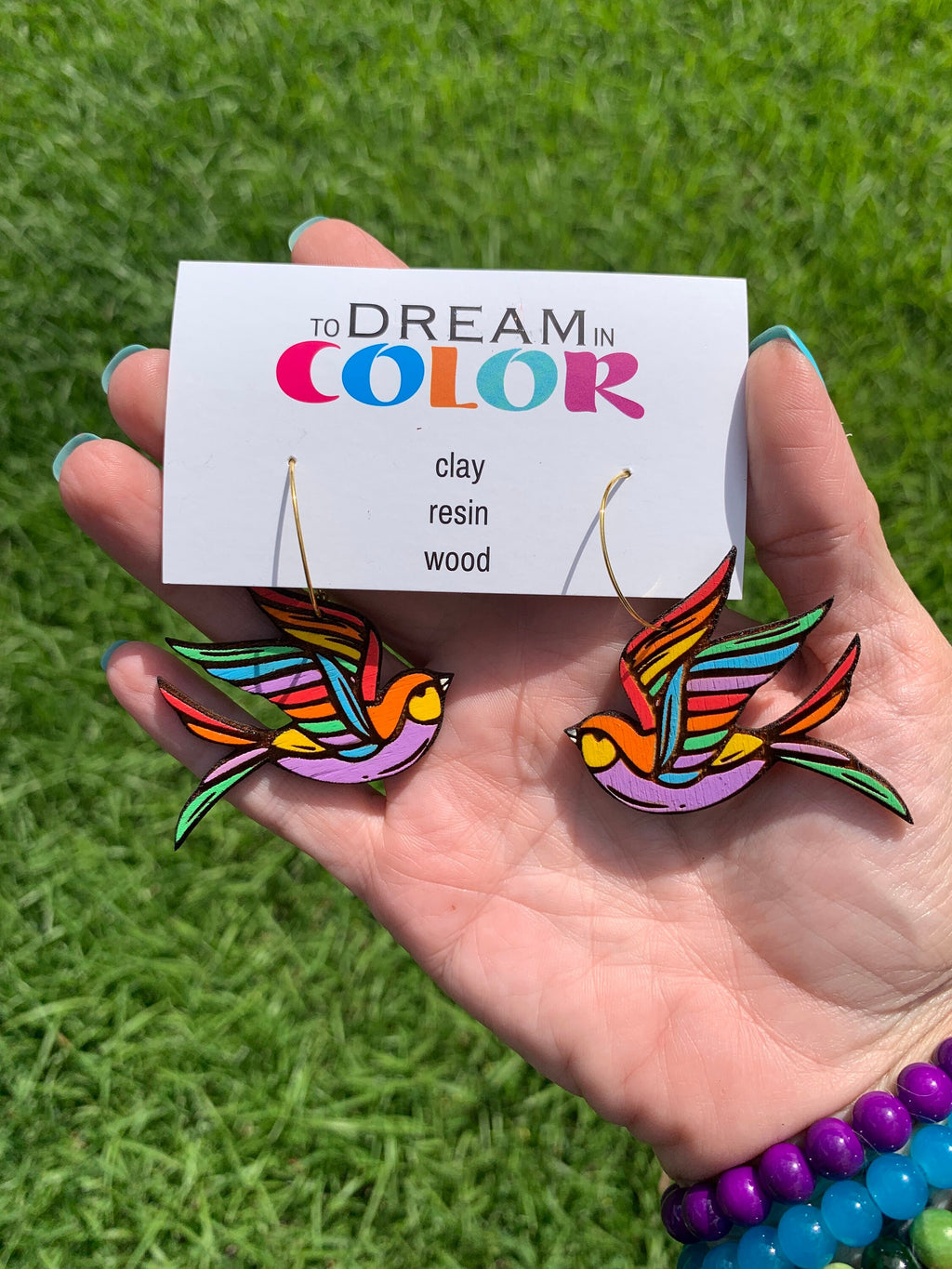 Hand-Painted Sparrow Earrings: Bold Wood Dangle Earrings