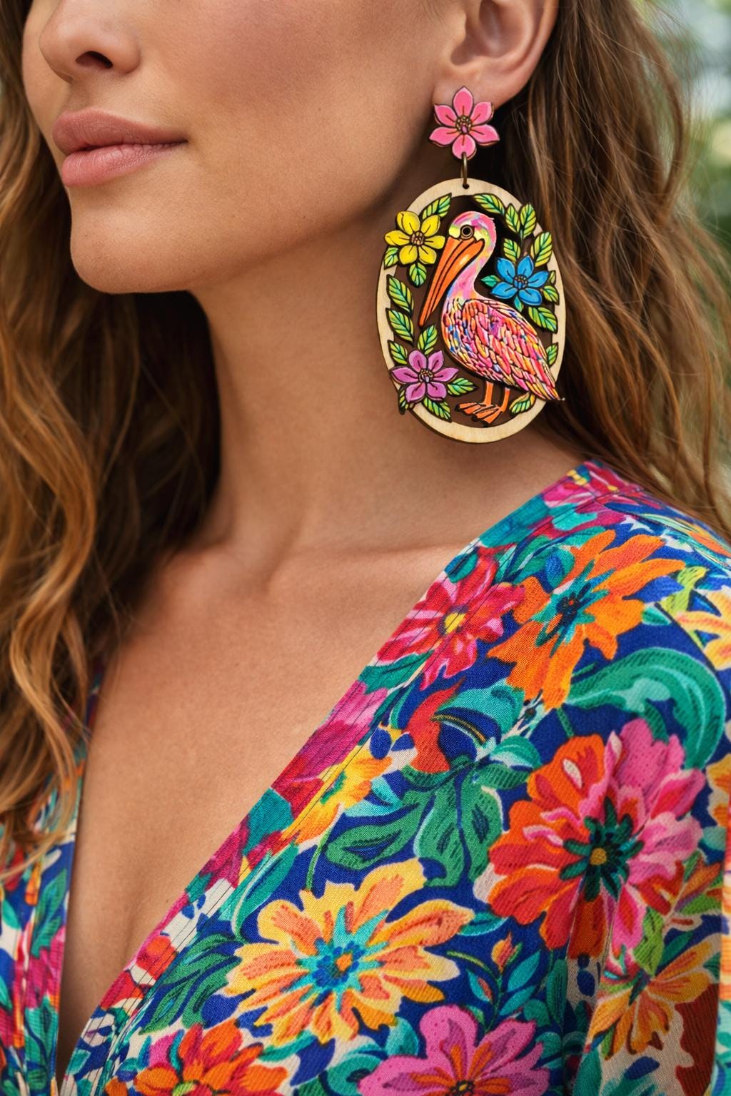 Hand-Painted Pelican Earrings: Tropical Floral Wood Statement Jewelry