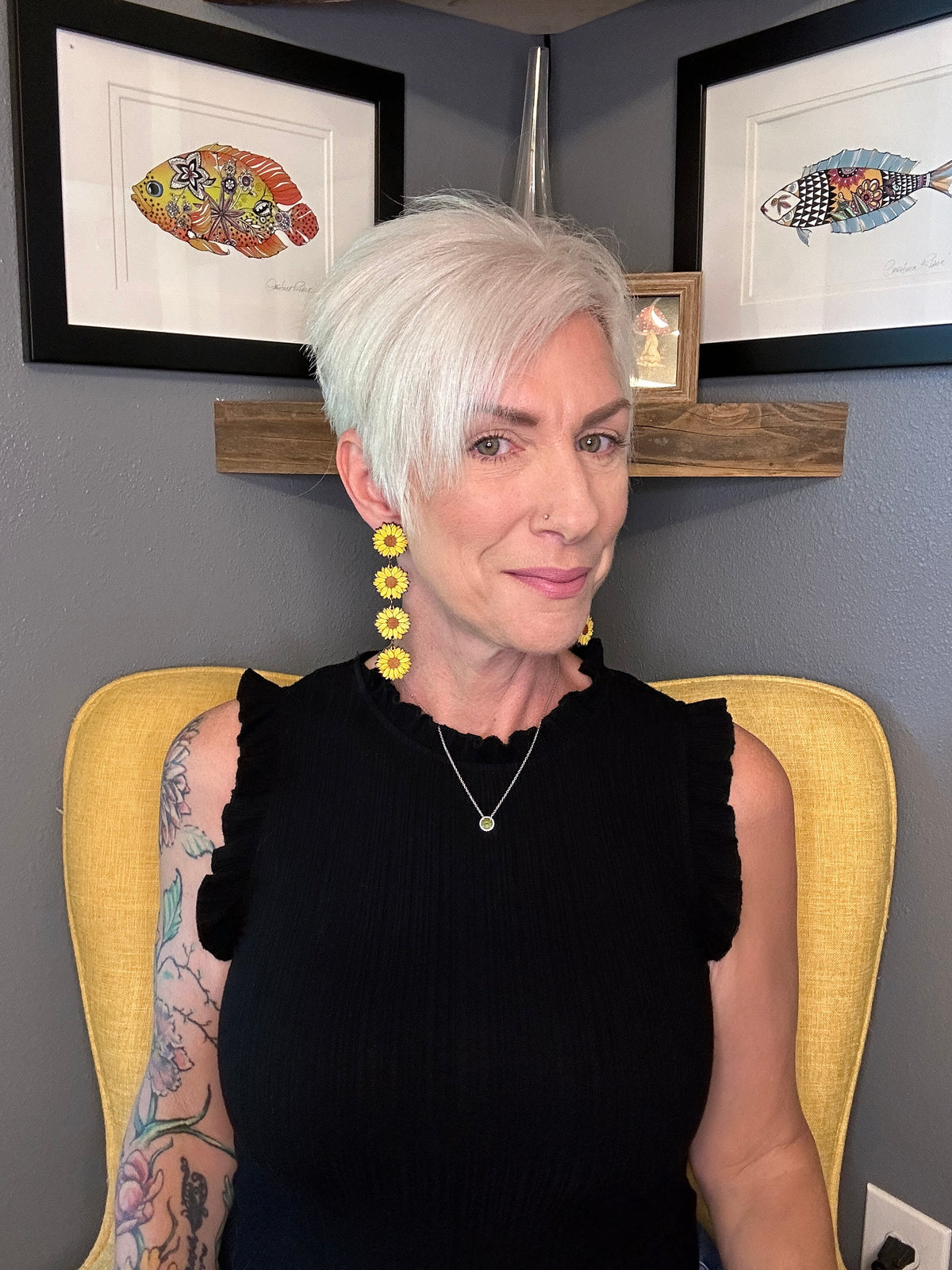 Sunflower Statement Earrings – Long Lightweight Hand Painted Wood Earrings – Clip-On Option – Summer Floral Jewelry