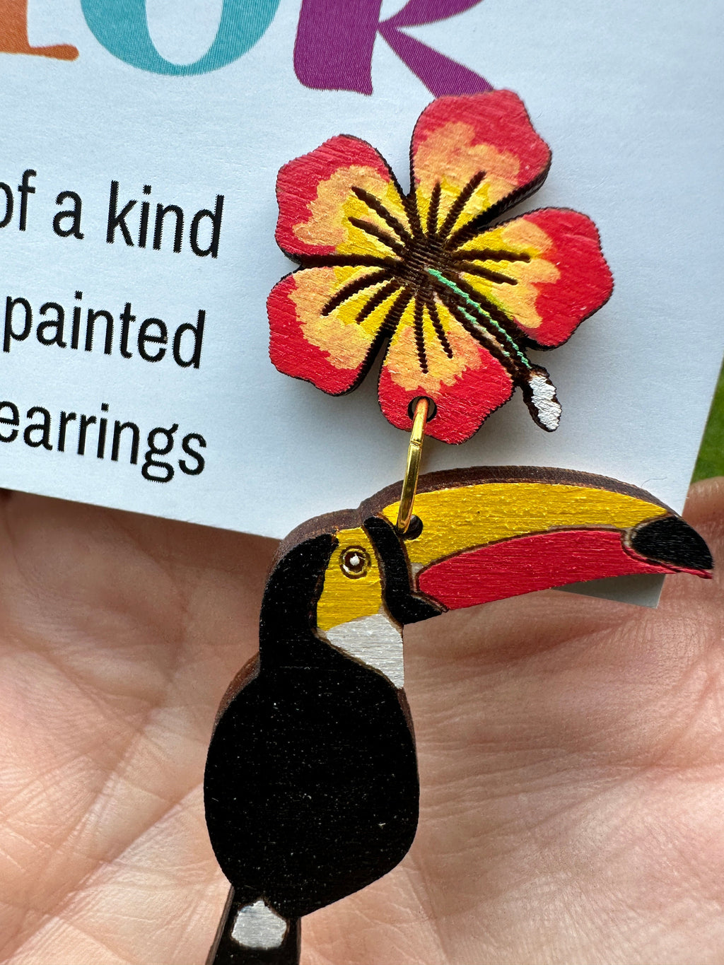 Hand Painted Toucan Hibiscus Wood Statement Earrings – Tropical Lightweight Jewelry