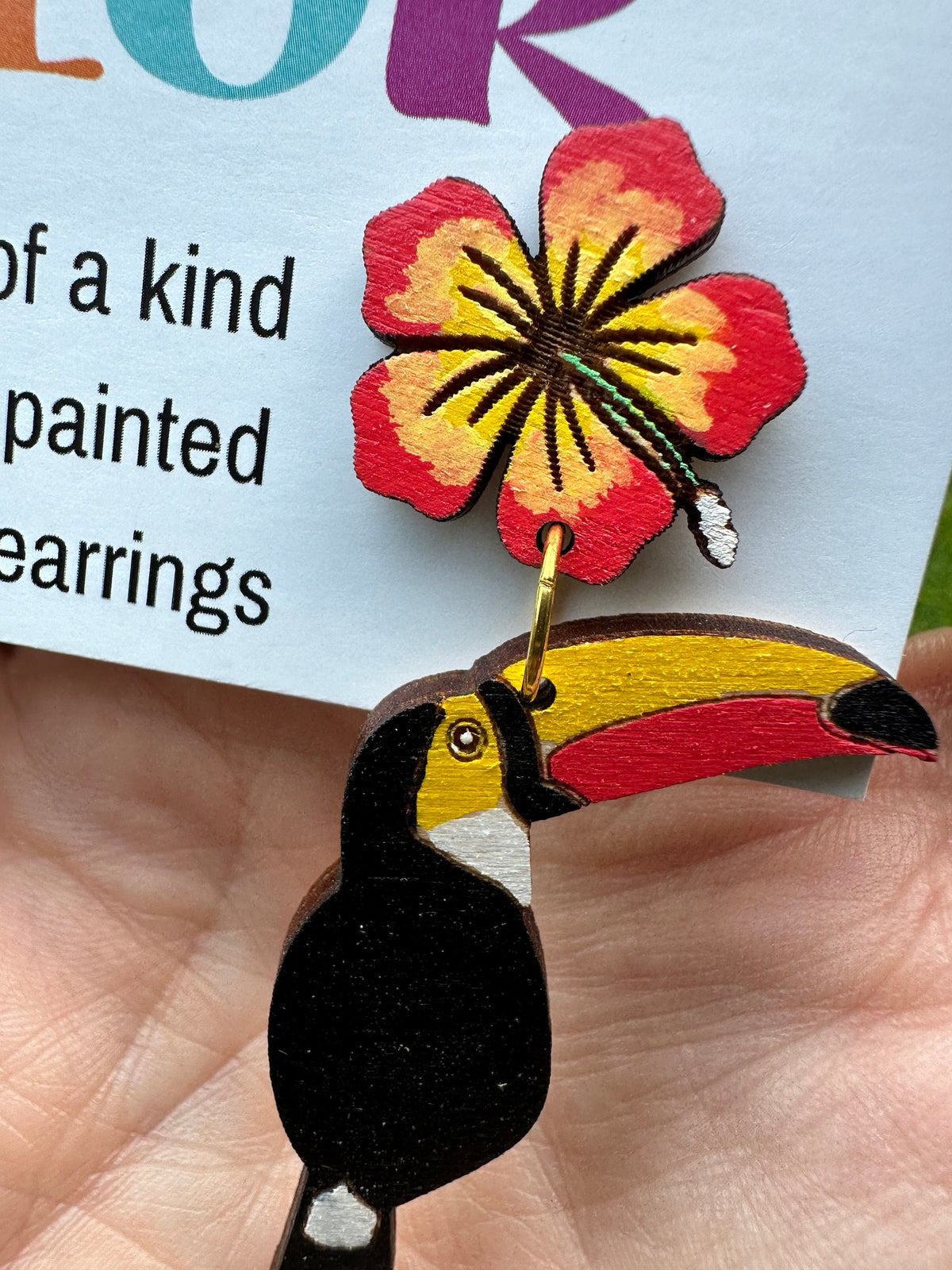 Hand Painted Toucan Hibiscus Wood Statement Earrings – Tropical Lightweight Jewelry