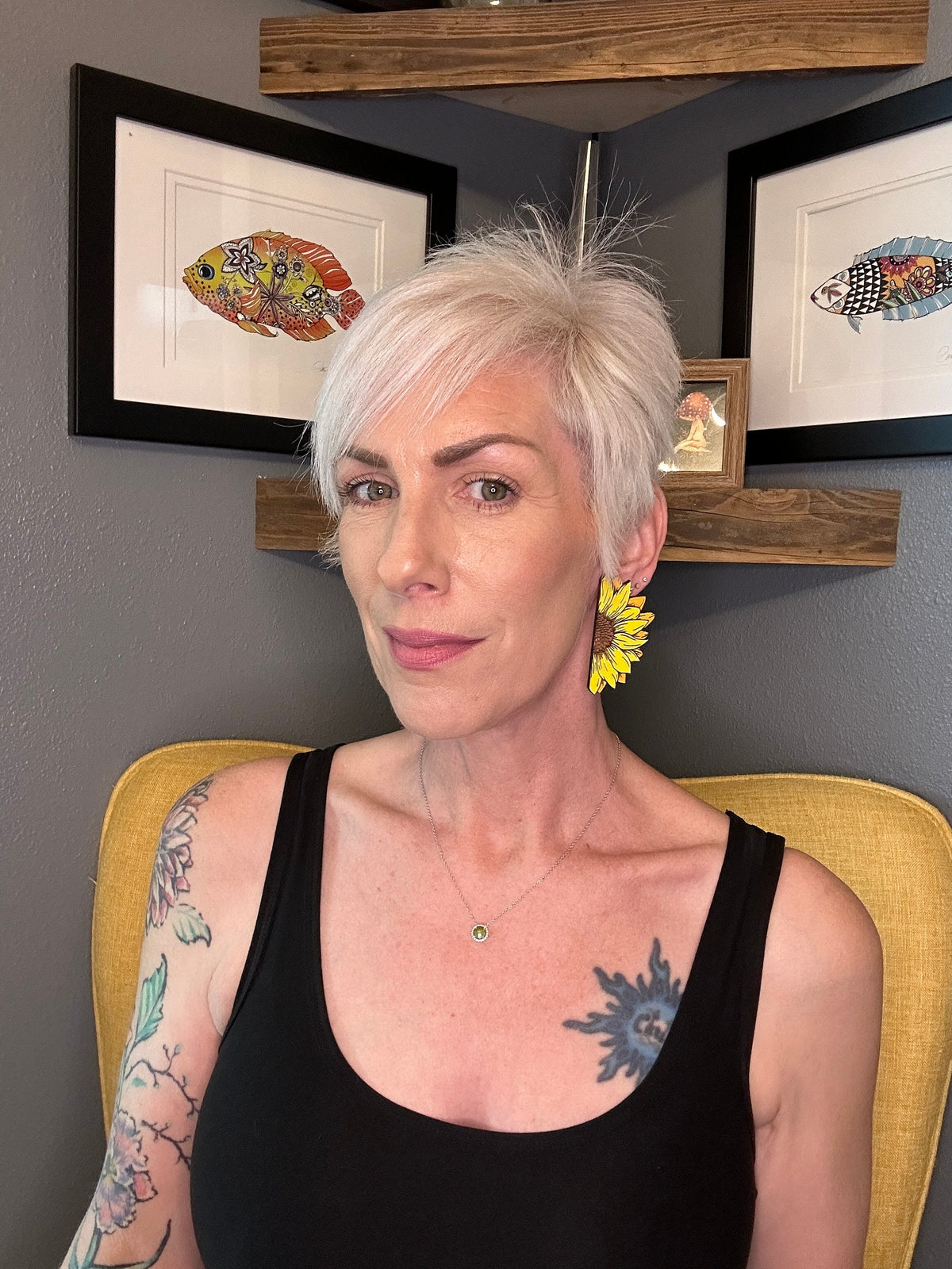 Sunflower Earrings – Hand Painted Lightweight Wood Statement Jewelry – Bright Bold