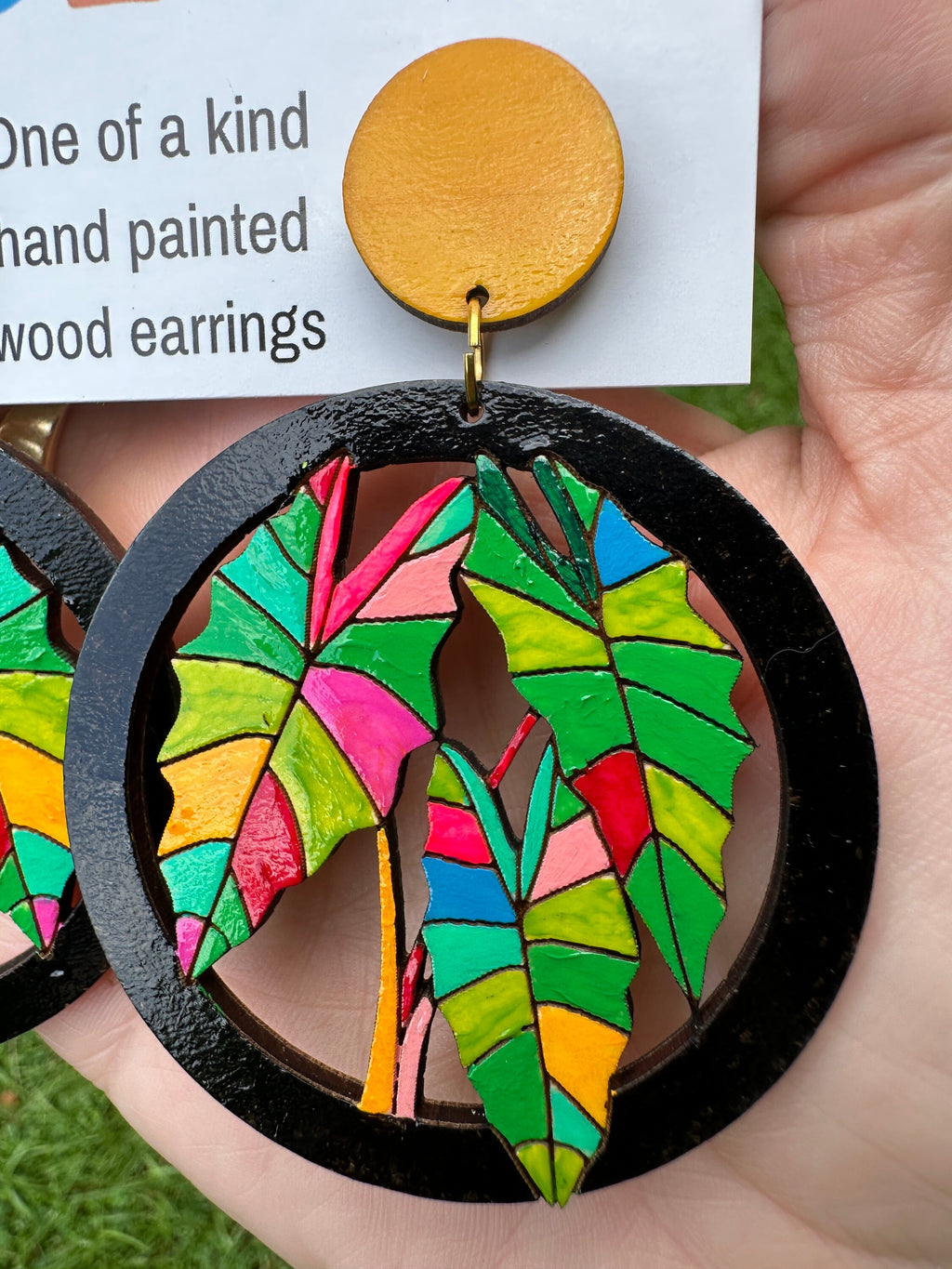 Tropical Leaf Statement Earrings: Hand-Painted Wood, Colorful Jewelry
