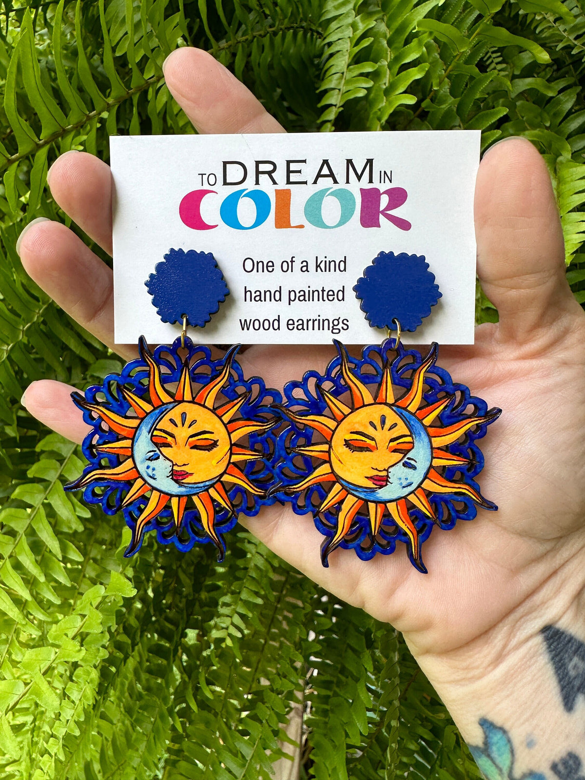 Hand-Painted Sun and Moon Earrings: Celestial Wood Statement Jewelry