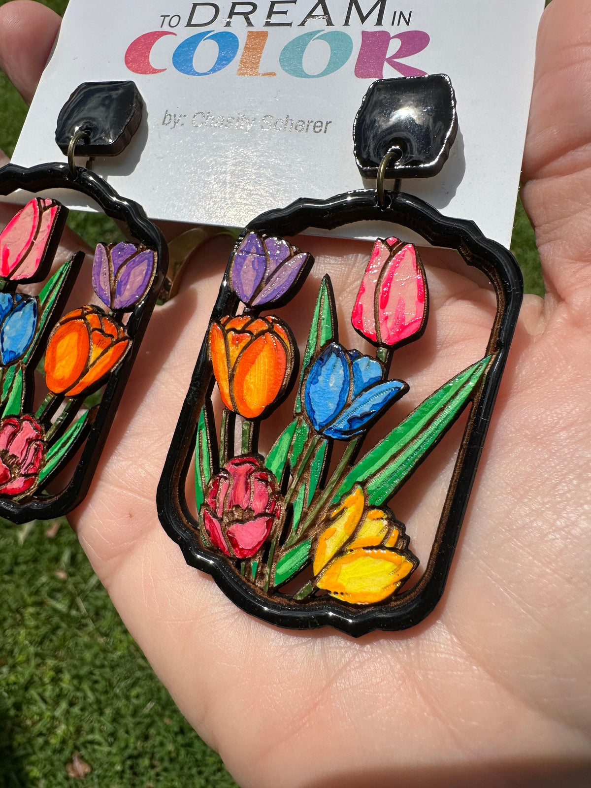 Hand-Painted Tulip Garden Earrings: Lightweight Wood Resin Floral Jewelry