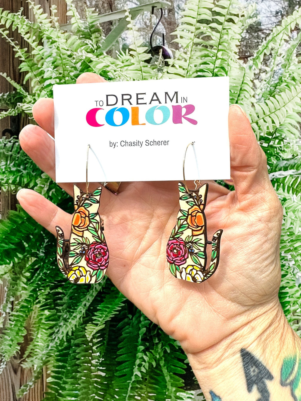 Floral Cat Earrings: Hand-Painted Wood Statement Jewelry