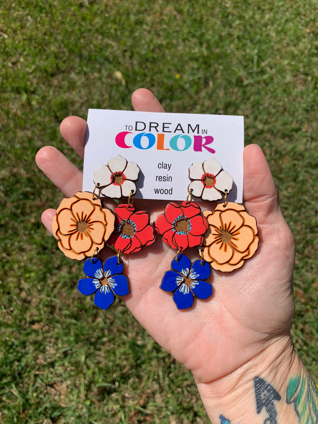 Hand-Painted Wood Flower Earrings: Bold Statement Dangle Earrings