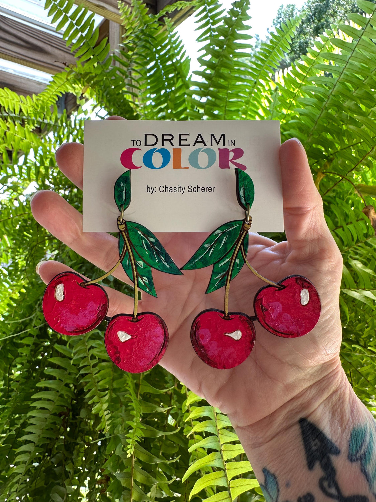 Cherry Earrings – Hand Painted Wood Statement Jewelry – Bold Earrings - Retro Fruit Lovers