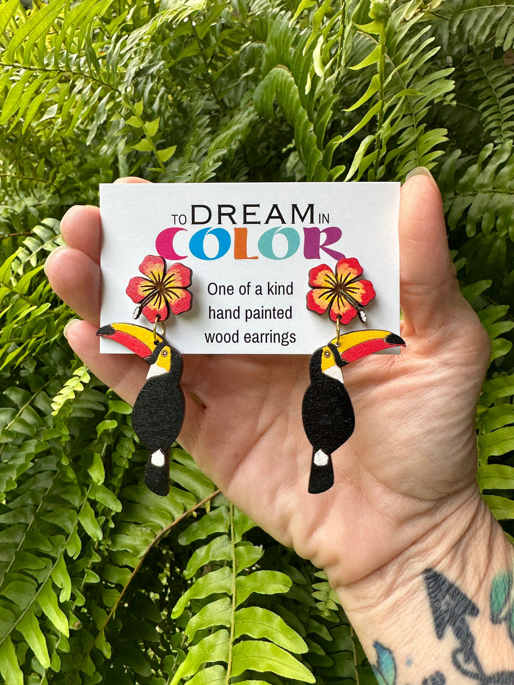Hand Painted Toucan Hibiscus Wood Statement Earrings – Tropical Lightweight Jewelry
