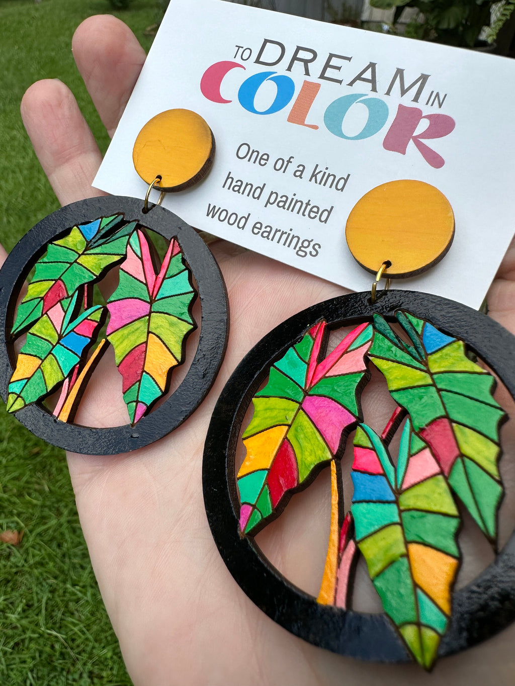 Tropical Leaf Statement Earrings: Hand-Painted Wood, Colorful Jewelry