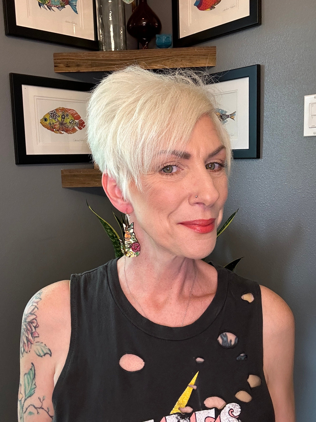 Floral Cat Earrings: Hand-Painted Wood Statement Jewelry