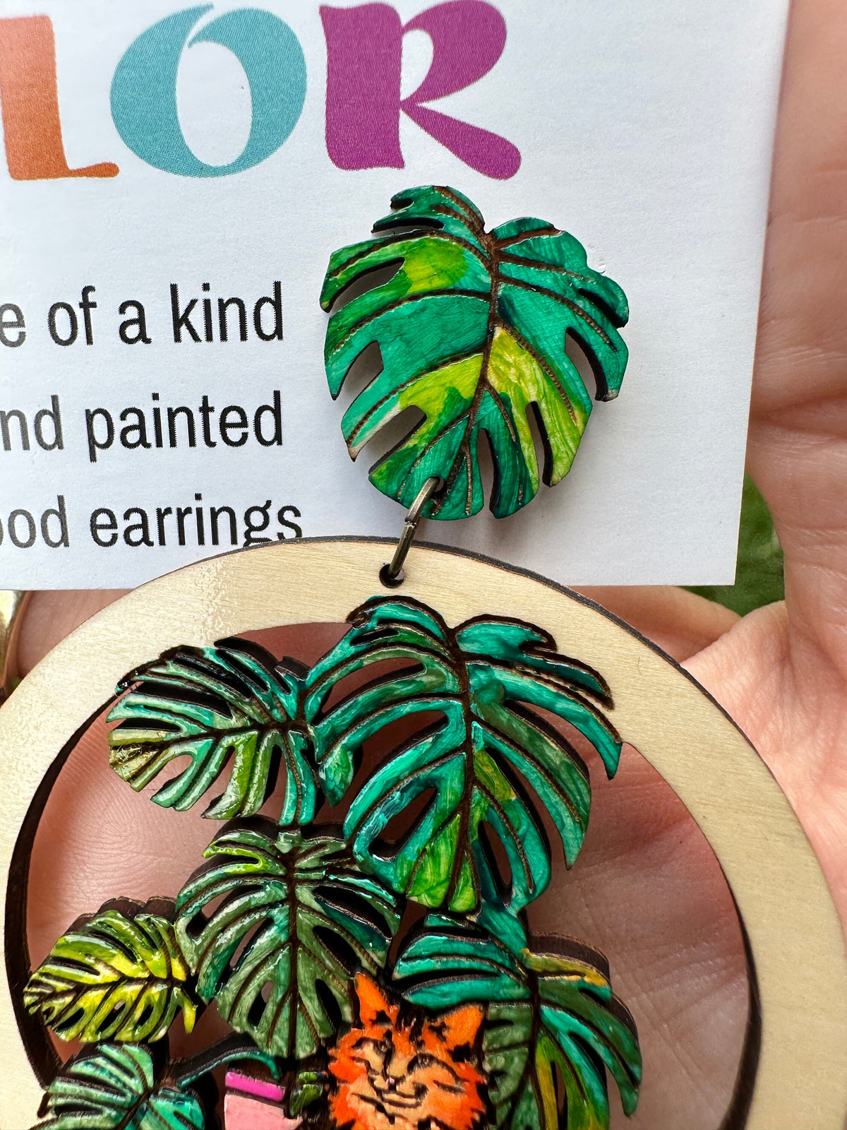Hand-Painted Orange Cat Earrings: Tropical Monstera Wood Dangles