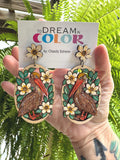 Hand-Painted Pelican Earrings: Floral Bayou Art Jewelry, Lightweight Wood