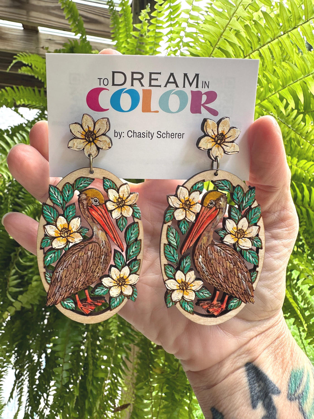 Hand-Painted Pelican Earrings: Floral Bayou Art Jewelry, Lightweight Wood