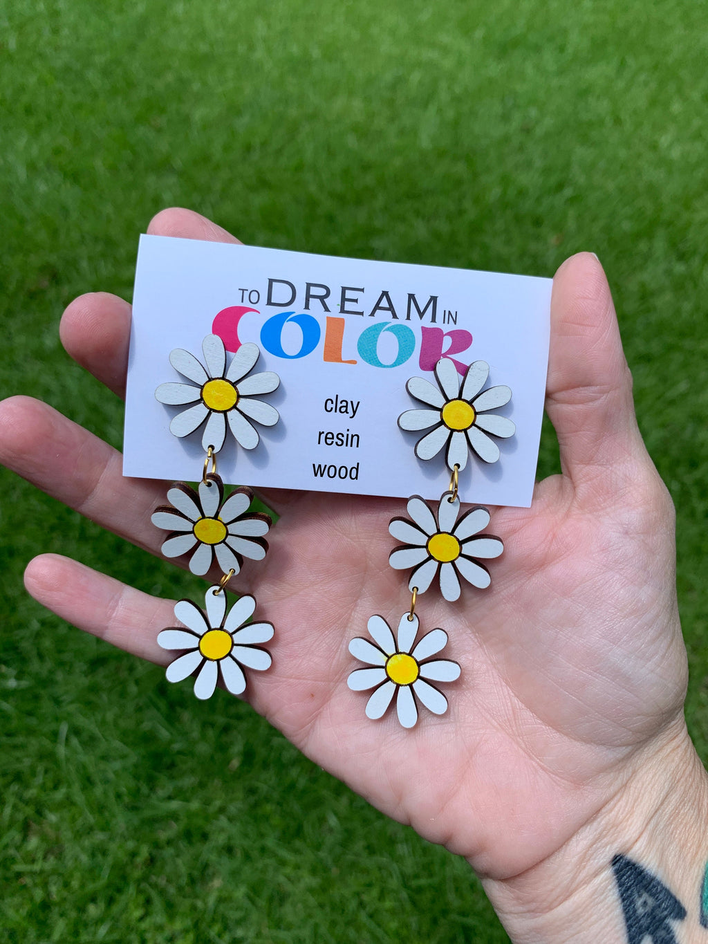 Daisy Flower Wood Earrings: Handpainted Laser Cut Dangle Earrings