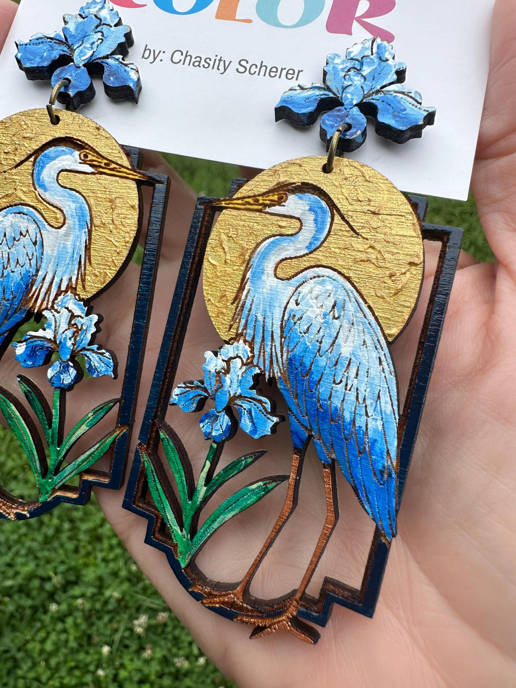 Hand-Painted Heron Earrings: Floral Bayou Art Jewelry, Lightweight Wood