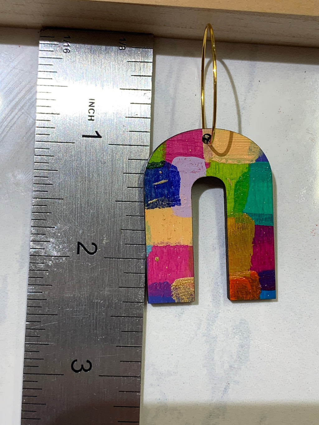 Hand Painted Wood Arch Earrings: Multicolored Mini Dangle Earrings