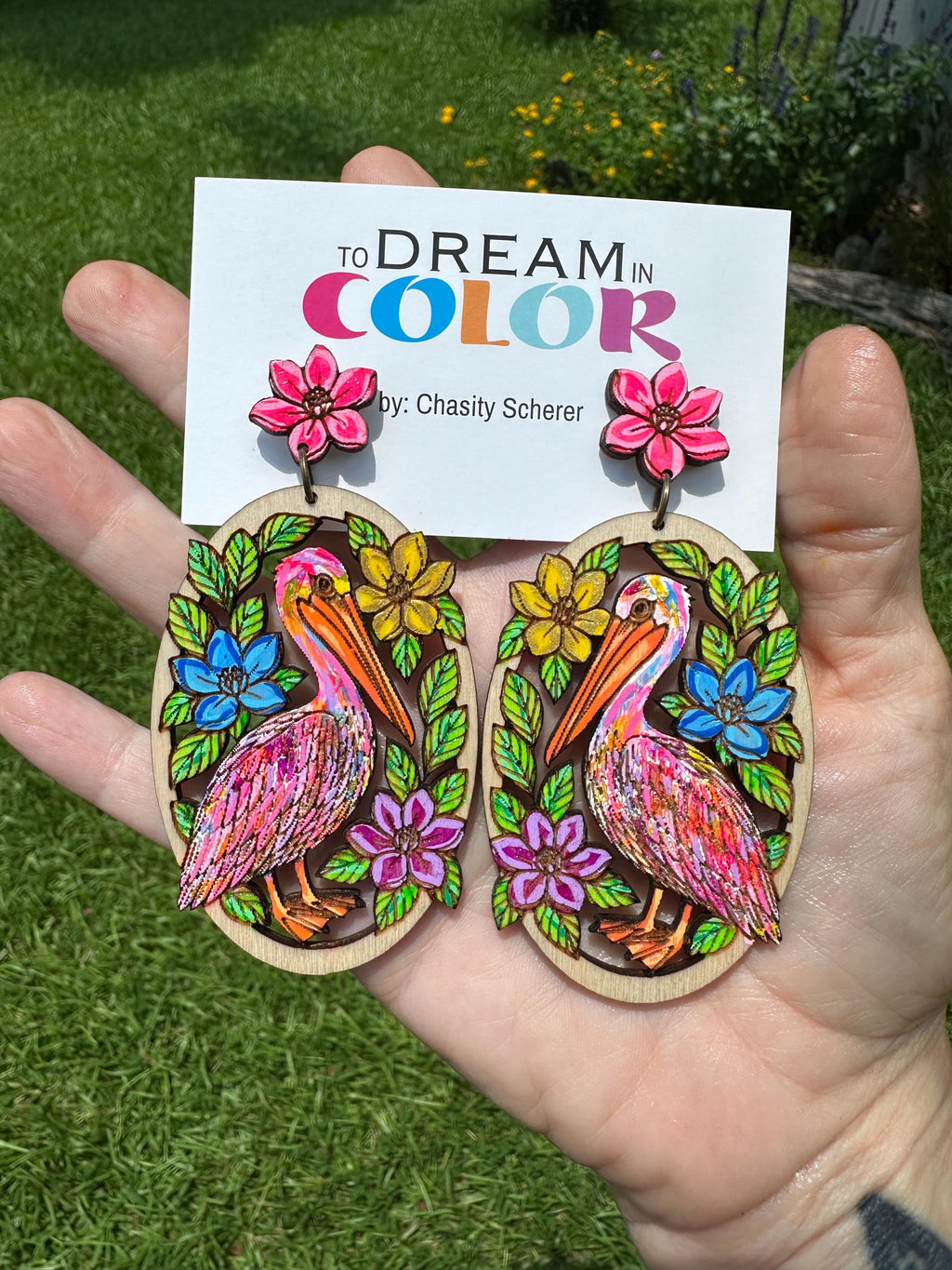 Hand-Painted Pelican Earrings: Tropical Floral Wood Statement Jewelry